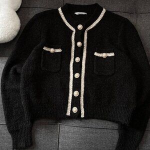 Black Cropped Cardigan with Pearl Button Trim and Front Pockets